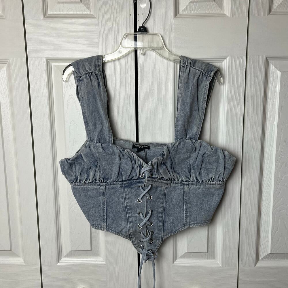 PrettyLittleThing Vintage Bleach Wash Ruched Bust Detail Denim Lace Up Corset 14